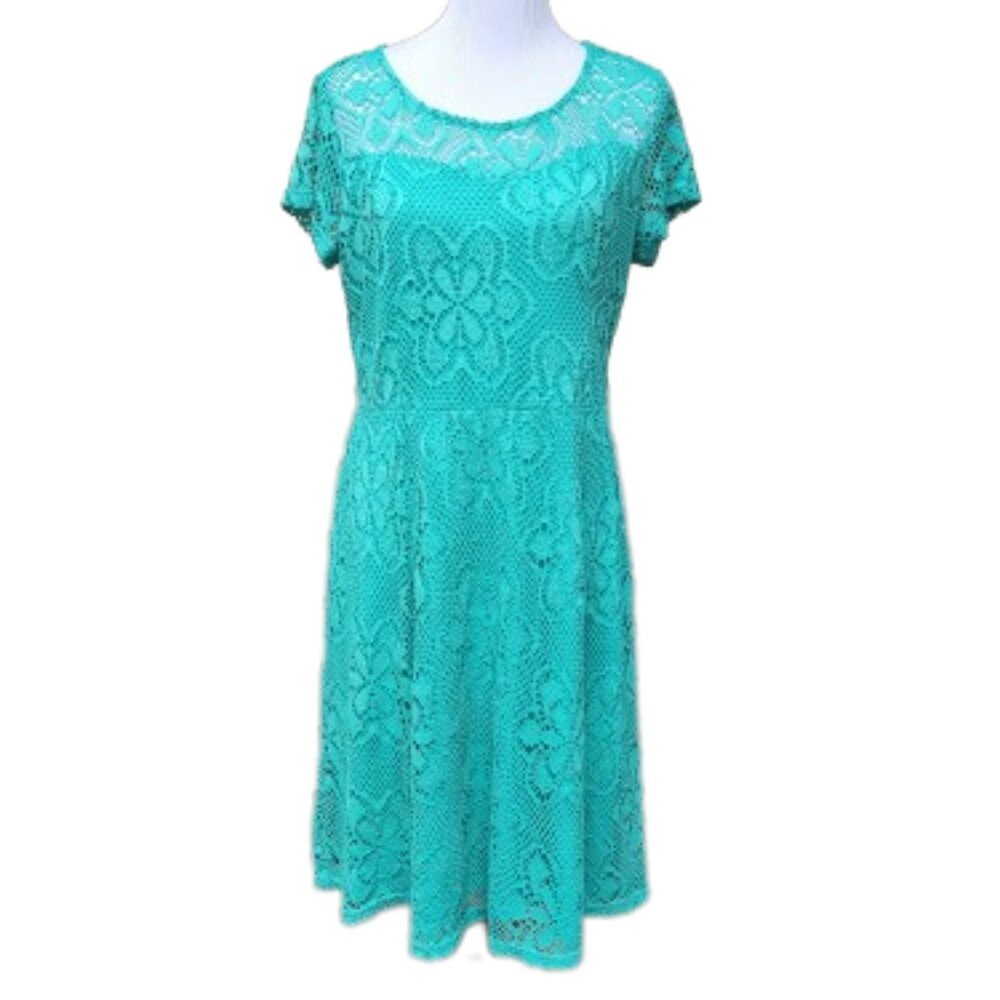 Cato Green A-Line Dress Floral Lace Print Illusion Neckline Short Sleeves